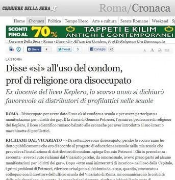 Corriere della Sera - Disse sì all'uso del condom, prof di religione ora disoccupato